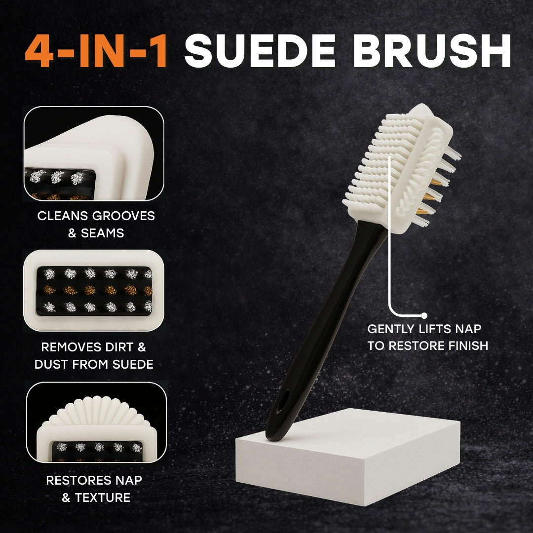 4-in-1 suede brush with features on a dark background
