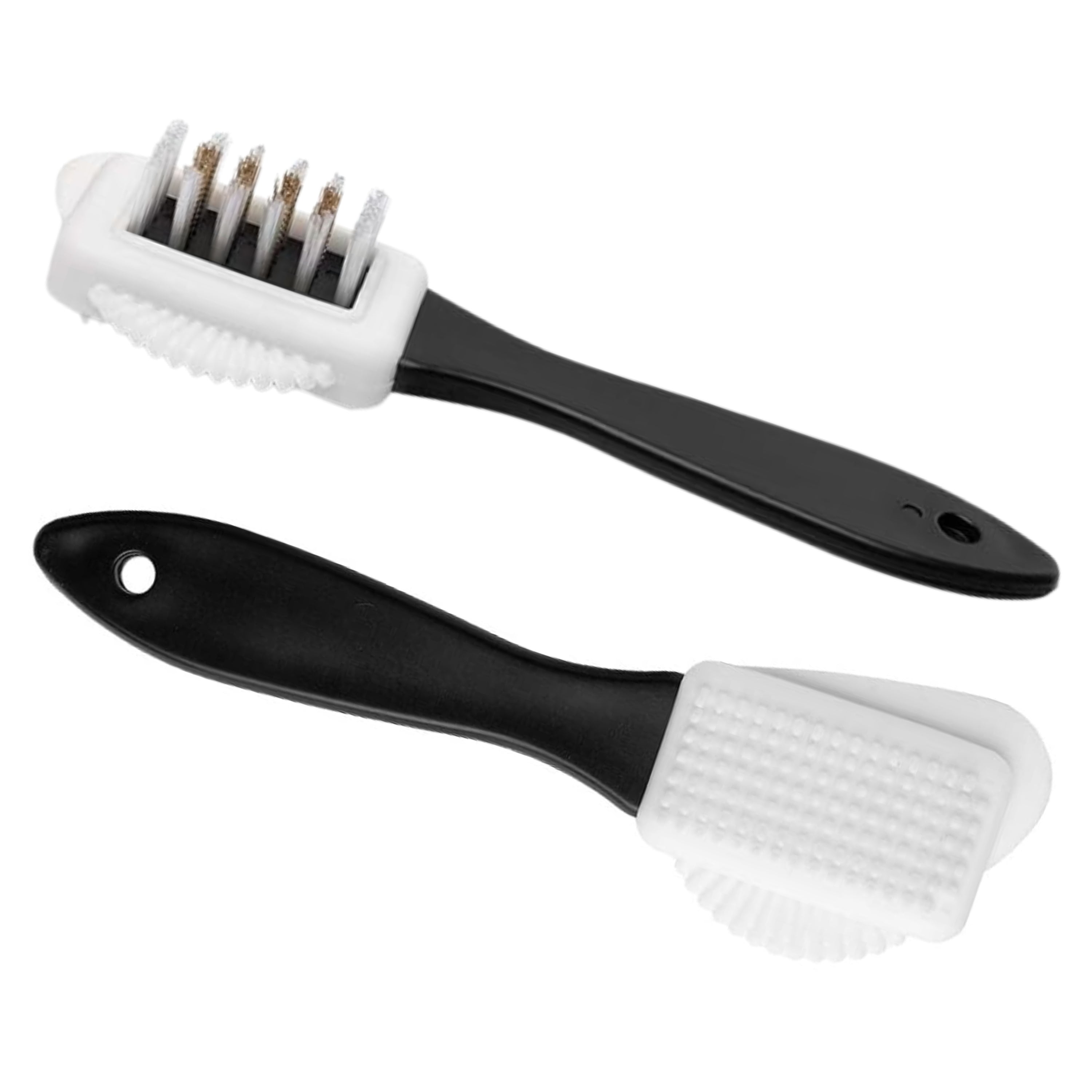 Front and Back of a cleaning brush with black handles and a 4-in1 cleaning head on a white background