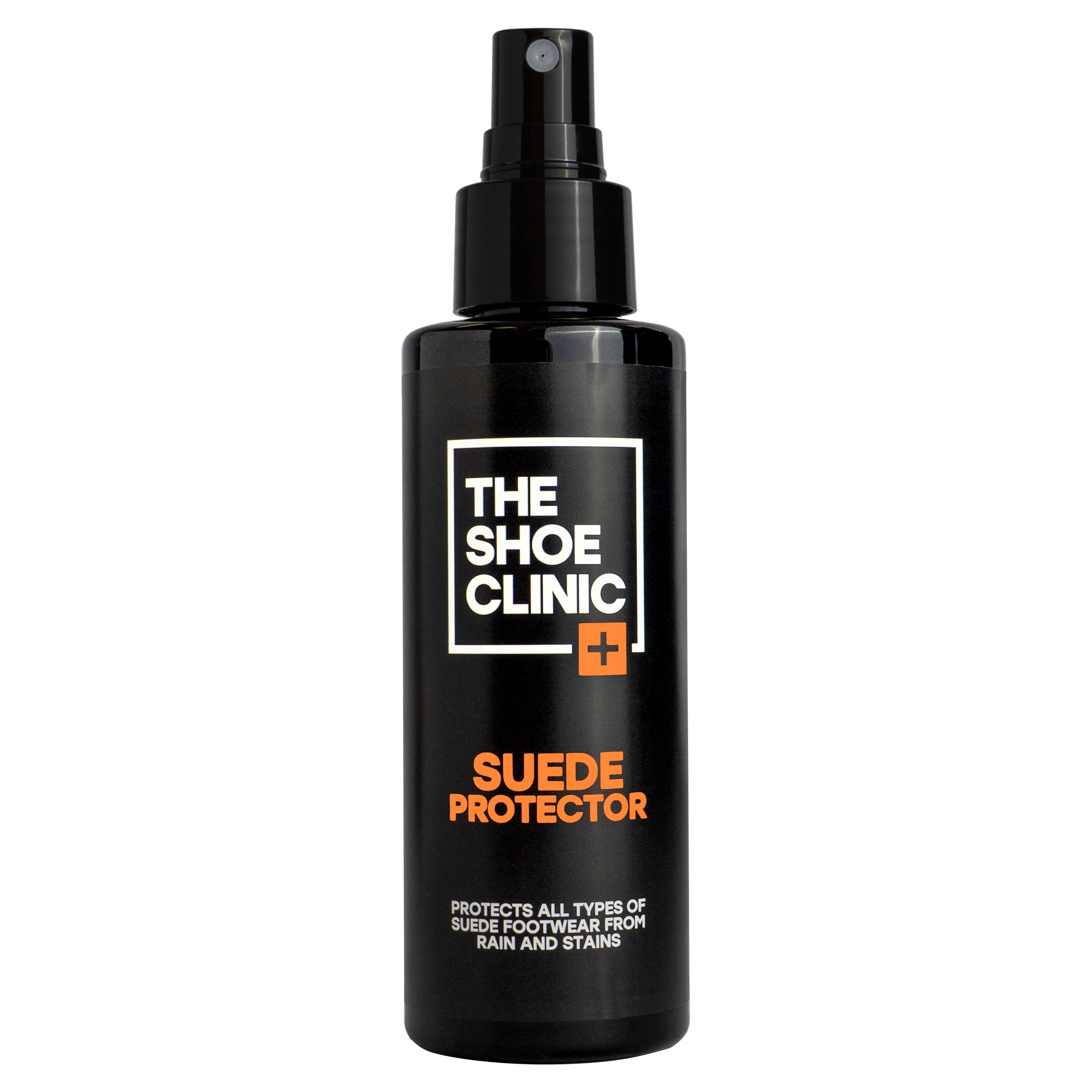 Black bottle of The Shoe Clinic Suede Protector with a brown suede shoe in the background.